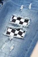 Mid Waist Checkered Patchwork Distressed Jeans-WickyDeez | Trendsi-WickyDeez