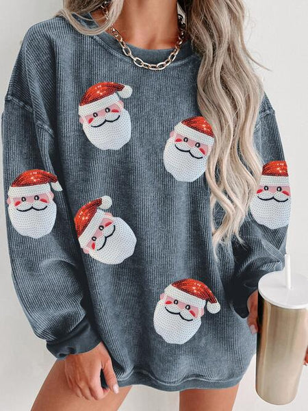 Trendy Sequin Santa Patch Ribbed Sweatshirt Top in 6 Colors