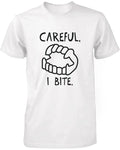 Careful I Bite! Funny Men's T-Shirt White Crewneck Graphic Shirt for Halloween-Men's Tops-WickyDeez