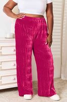 Deep Rose Double Take Full Size High Waist Tiered Shirring Velvet Wide Leg Pants