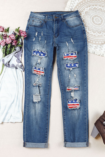 Distressed Street Jeans w/ US Flag Patchwork-WickyDeez | Trendsi-WickyDeez