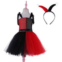 Kids Harley Quinn Jester Costume | Girls Children's Black Red & White Harley Jester Clown Cosplay Costume Dress - WickyDeez