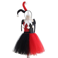 Kids Harley Quinn Jester Costume | Girls Children's Black Red & White Harley Jester Clown Cosplay Costume Dress - WickyDeez