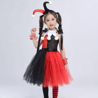 Kids Harley Quinn Jester Costume | Girls Children's Black Red & White Harley Jester Clown Cosplay Costume Dress - WickyDeez