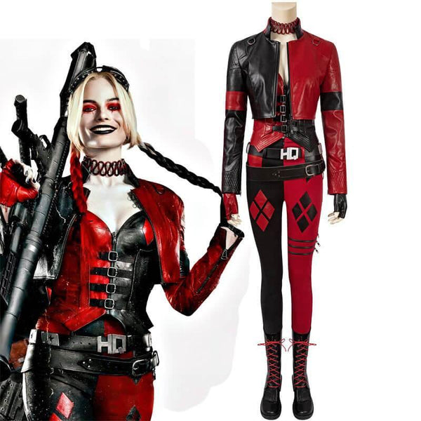 NEW Suicide 2 Harley Quinn Full Costume | Red & Black Jester Punk Cosplay Outfit Set Options - WickyDeez