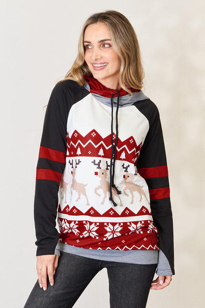 Stunning Double Take Full Size Christmas Drawstring Long Sleeve Hoodie