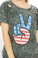 Peace, Love, USA Acid Wash Graphic Tee Laser Cut Style-WickyDeez | Trendsi-WickyDeez