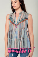 Embroidery Sleeveless Blouse With Tassels-Women - Apparel - Shirts - Blouses-WickyDeez