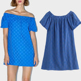 Bluish Embroiedry Mini Dress with Elastic Straight Neckline-Women's Dresses-WickyDeez