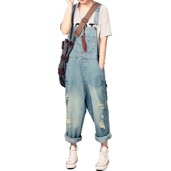 Women's Casual Loose Denim Overalls Ripped Hole Baggy Jeans Wide Leg Pants-Women's Tops-WickyDeez